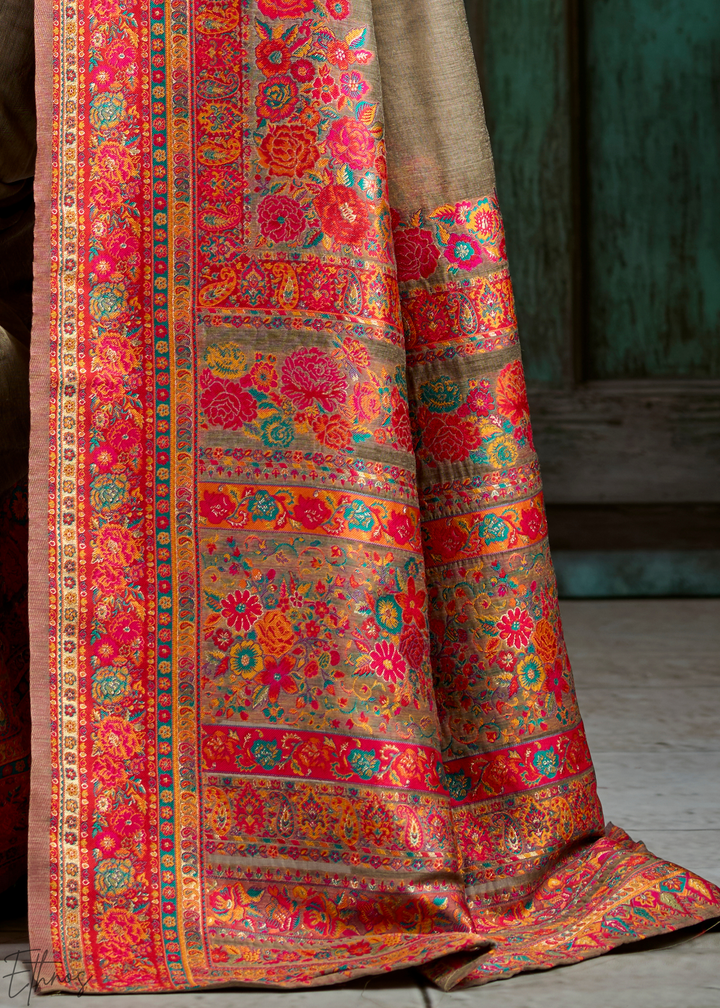 Olive Taupe Kashmiri Kani Pashmina Silk Saree