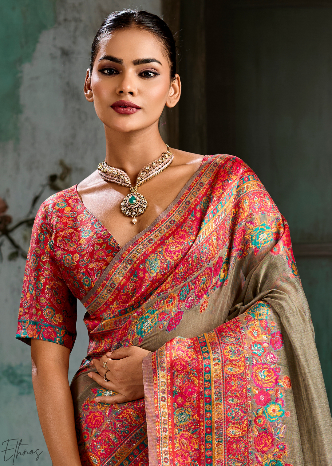Olive Taupe Kashmiri Kani Pashmina Silk Saree