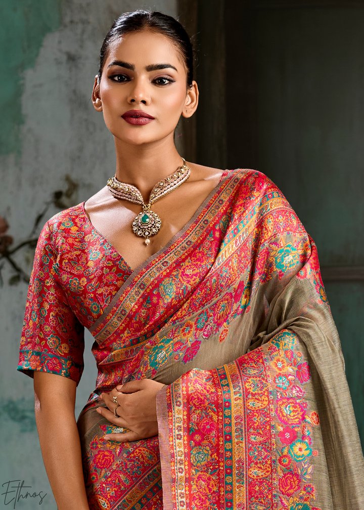Olive Taupe Kashmiri Kani Pashmina Silk Saree