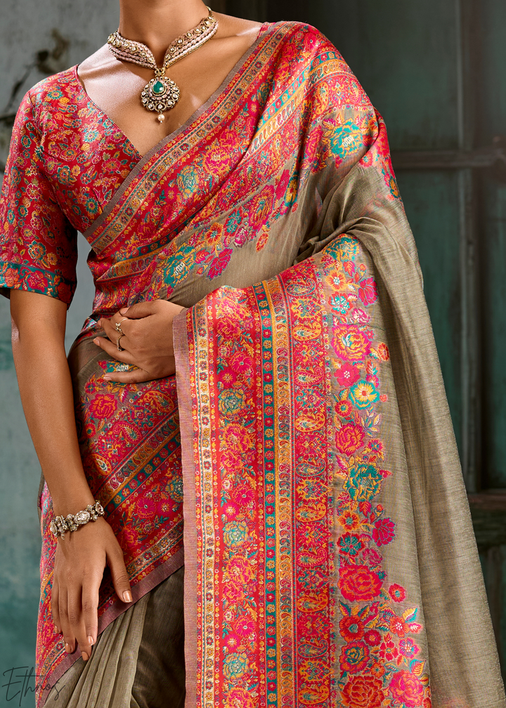 Olive Taupe Kashmiri Kani Pashmina Silk Saree