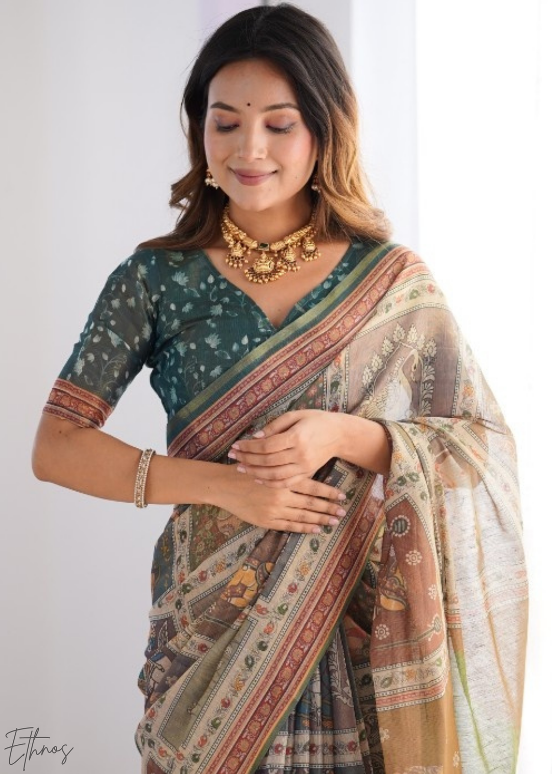 Olive Heritage Elephant Motif Cotton Linen Saree