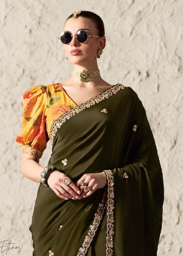 Olive Green Embroidered Glass Tissue Designer Saree