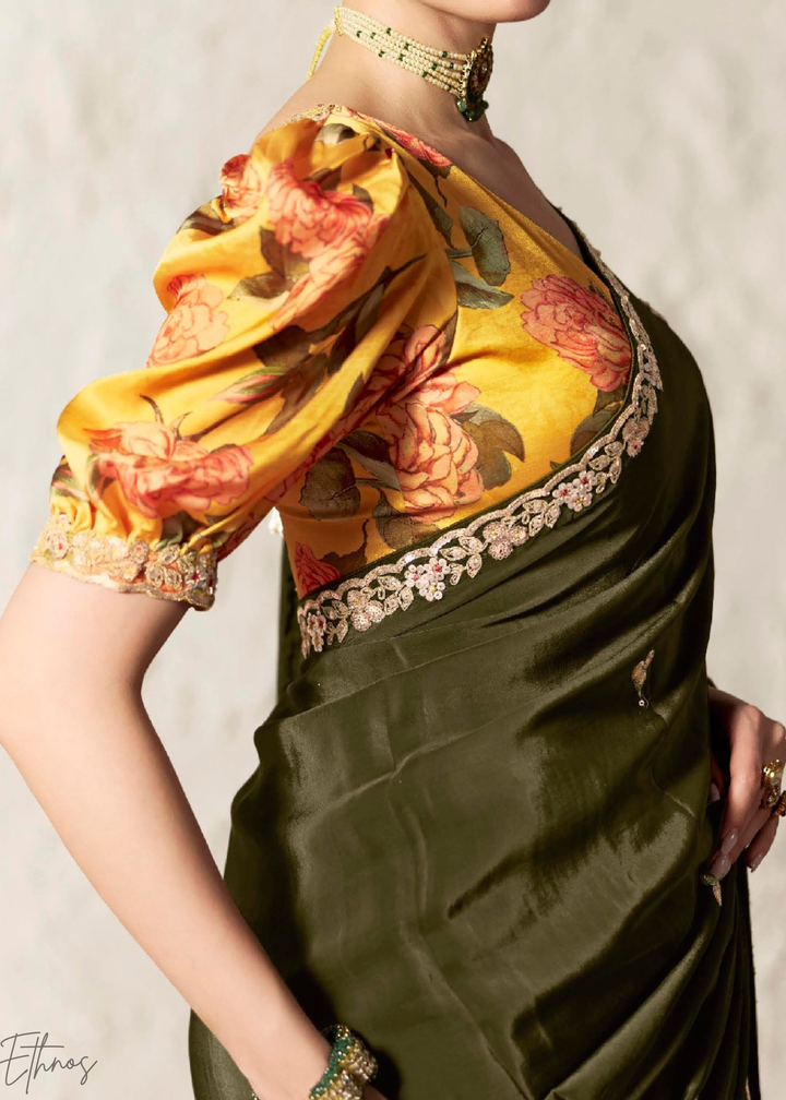 Olive Green Embroidered Glass Tissue Designer Saree