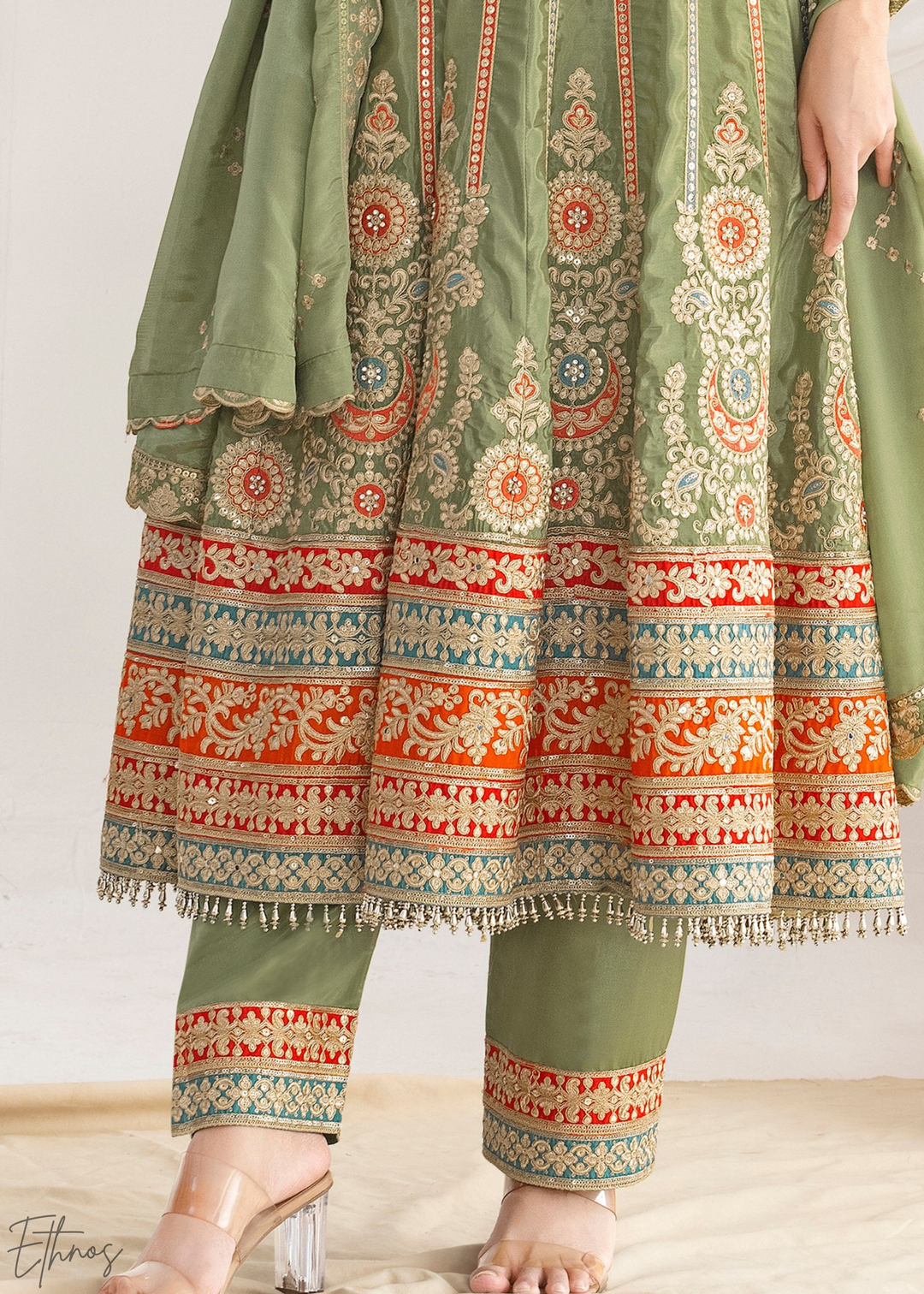 Olive Green Embroidered Silk Anarkali Suit