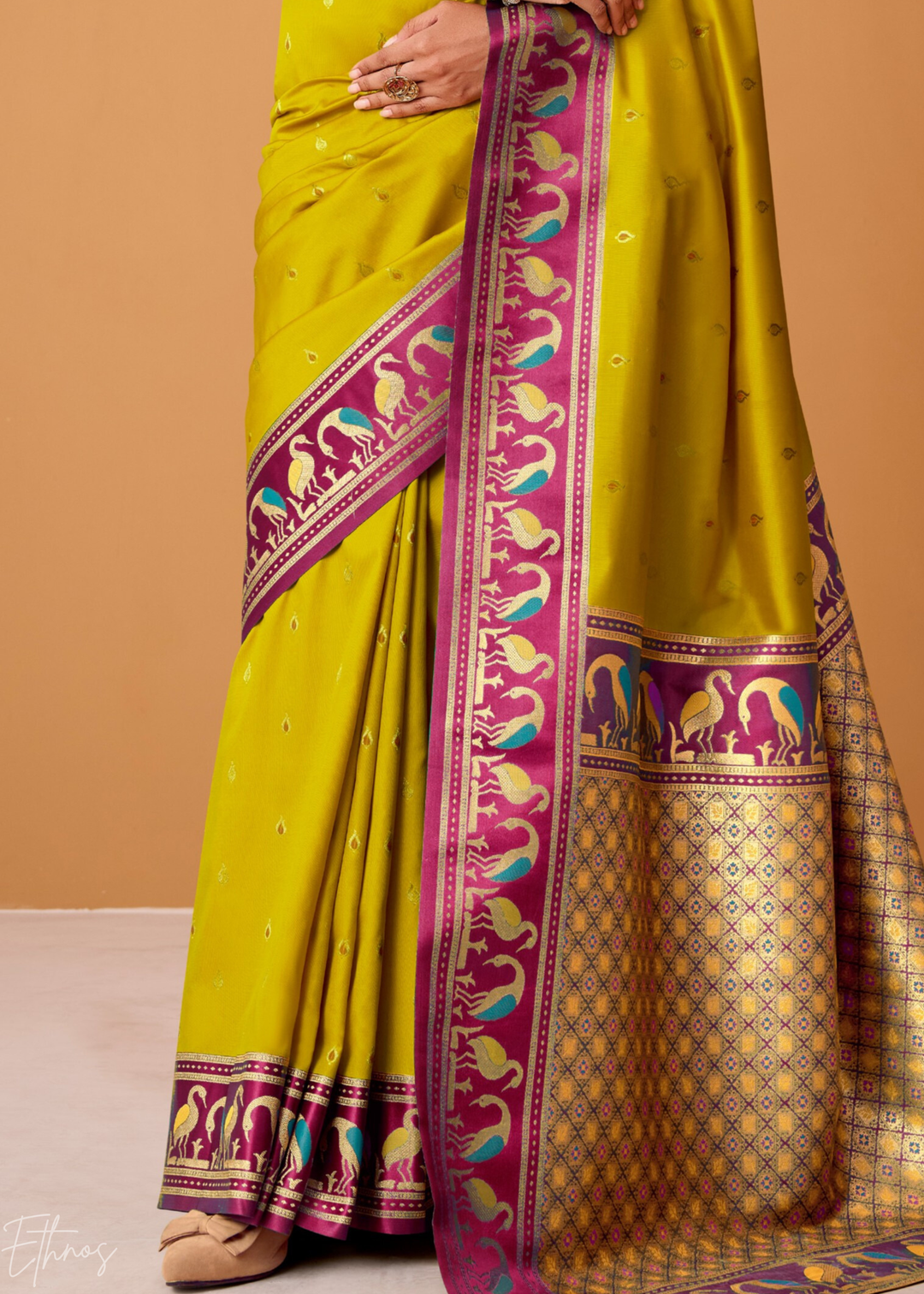 Olive Green Flamingo Satin Silk Saree