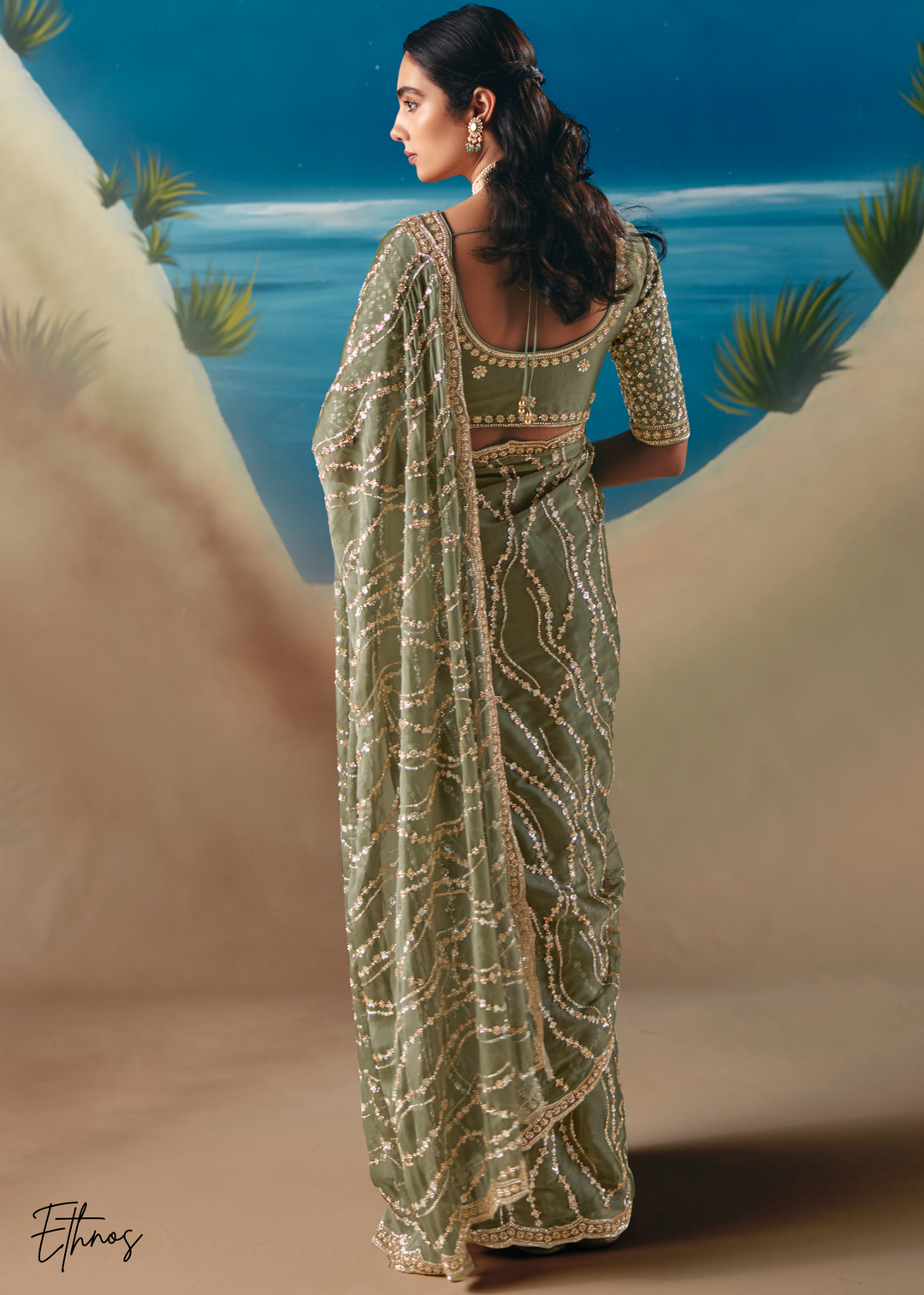 Olive Green Sequins Organza Saree