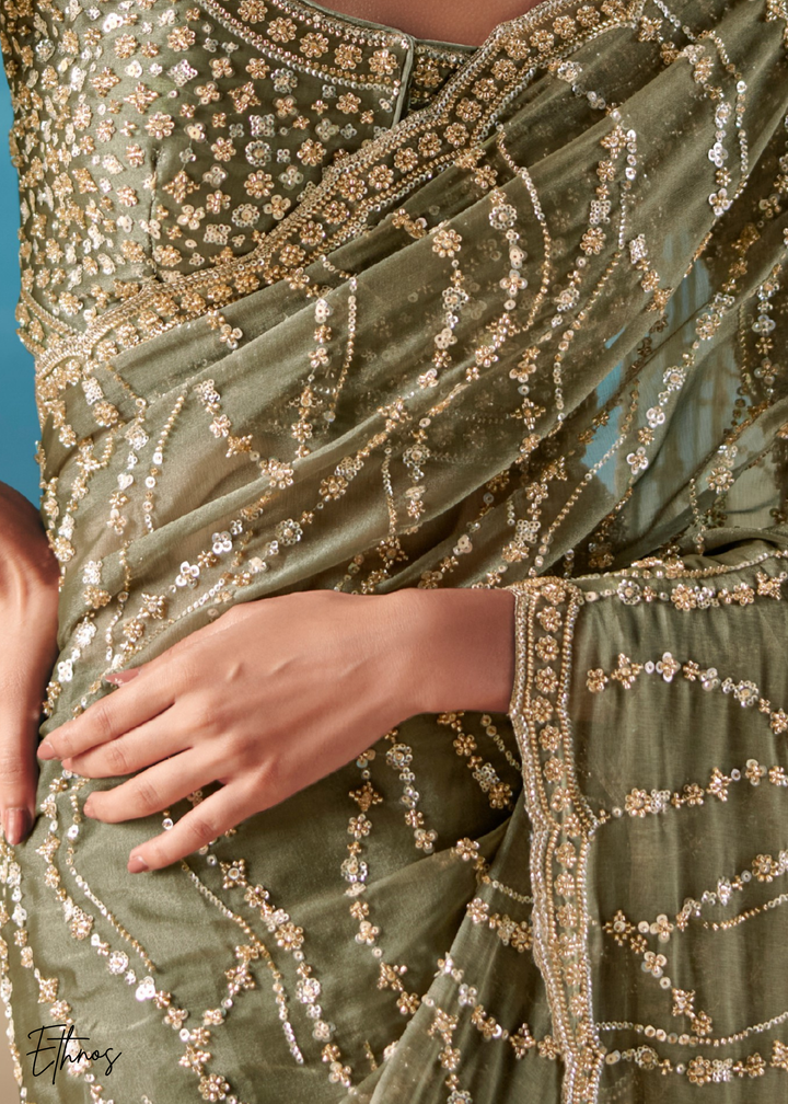 Olive Green Sequins Organza Saree