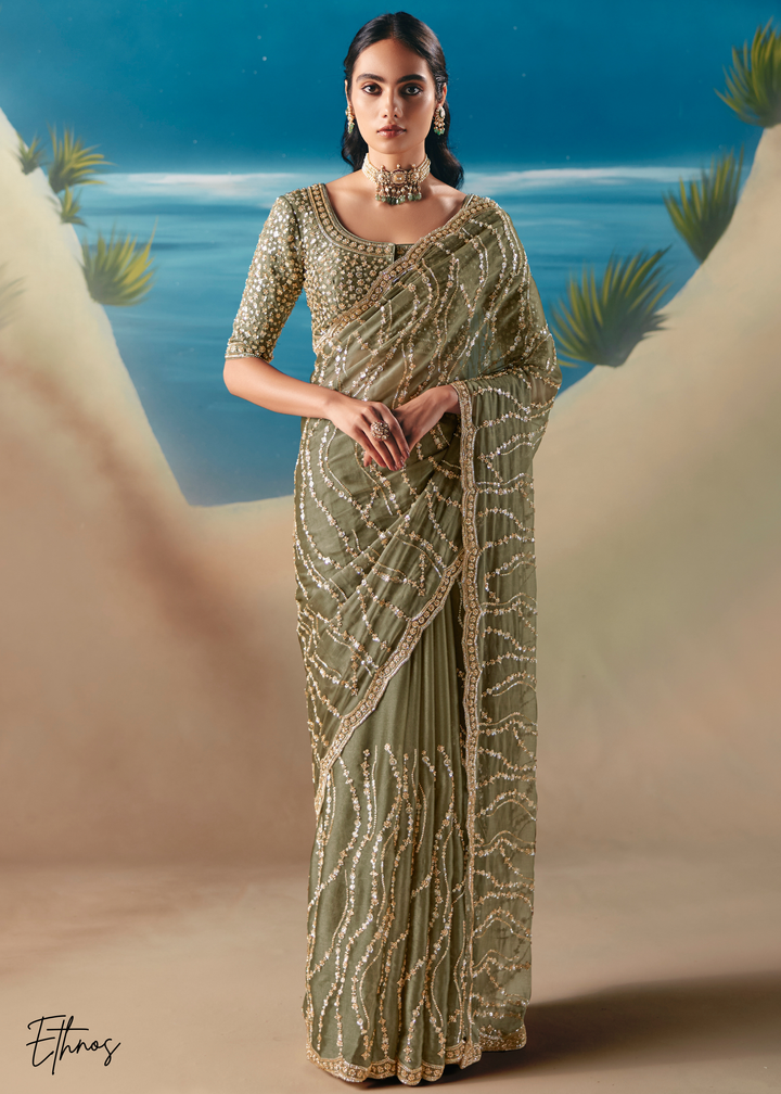 Olive Green Sequins Organza Saree