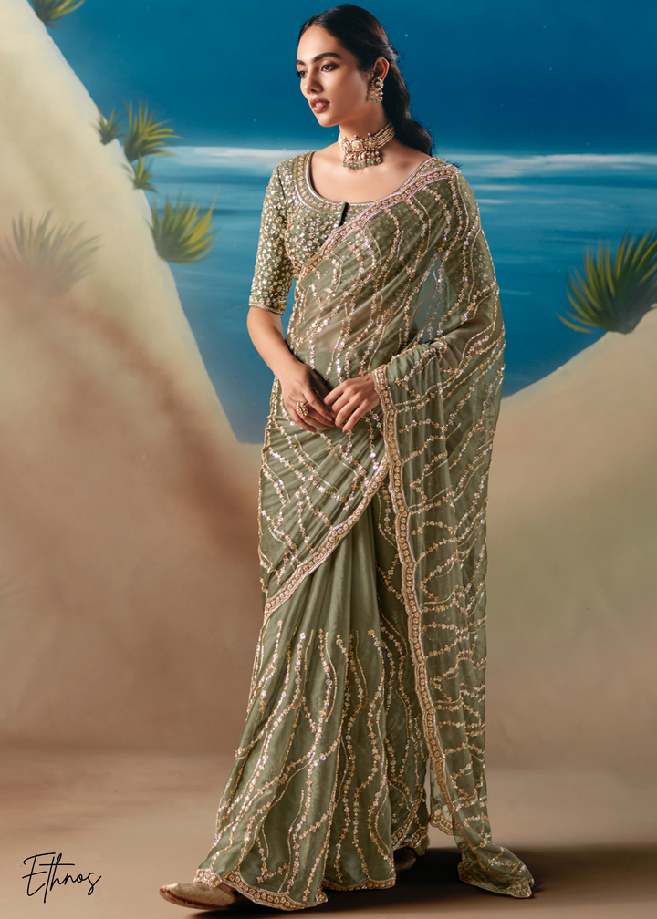 Olive Green Sequins Organza Saree