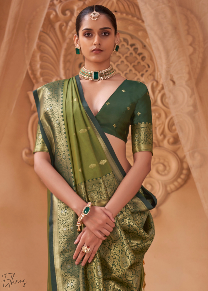 Olive Green Traditional Zari Woven Silk Saree