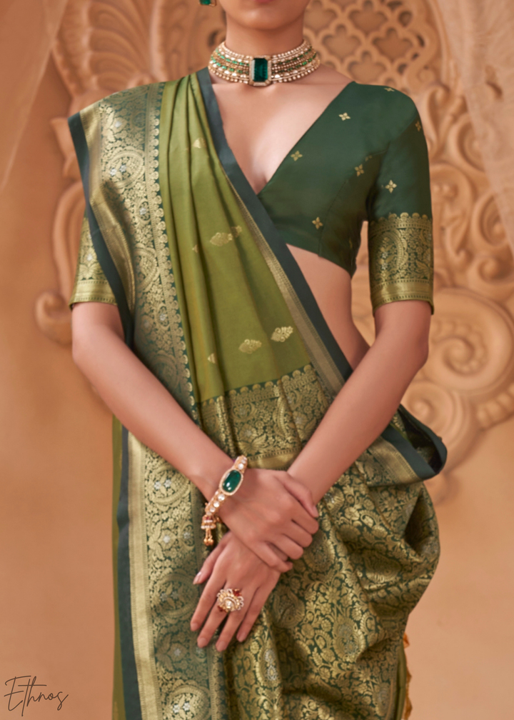 Olive Green Traditional Zari Woven Silk Saree