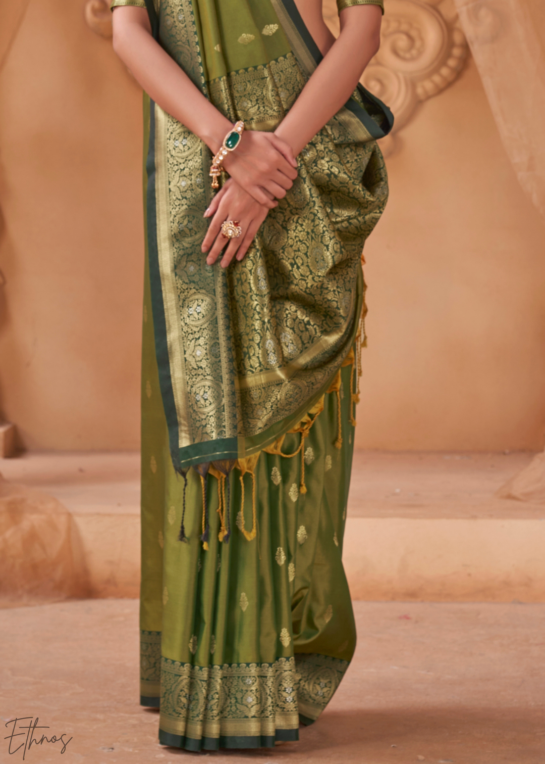 Olive Green Traditional Zari Woven Silk Saree