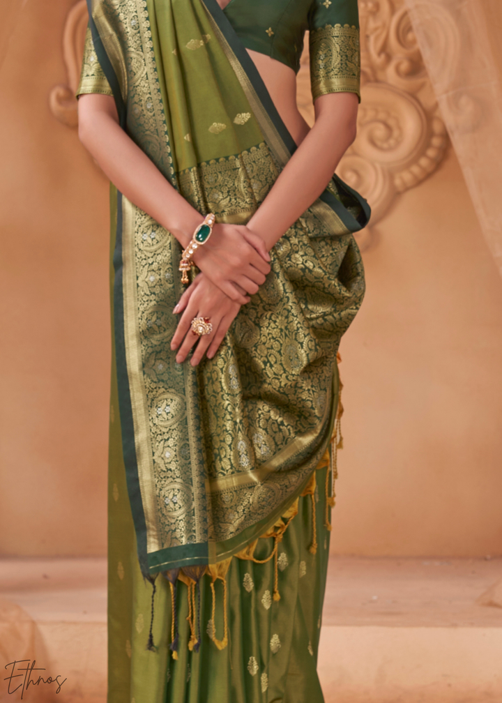 Olive Green Traditional Zari Woven Silk Saree