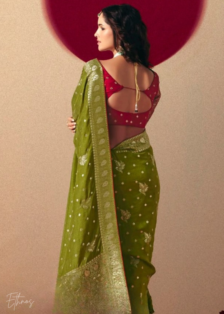 Olive Green Zari Dola Silk Saree