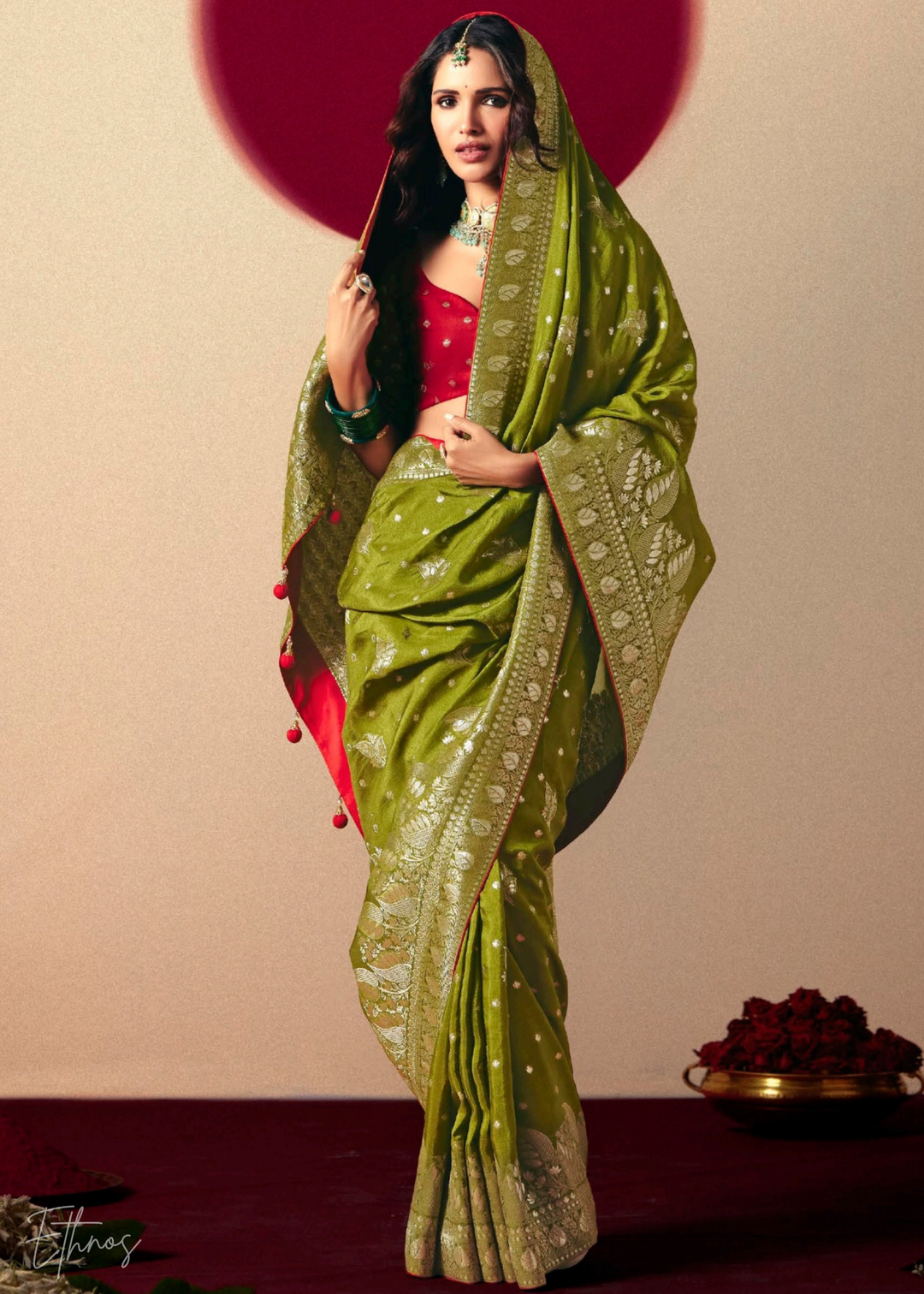 Olive Green Zari Dola Silk Saree