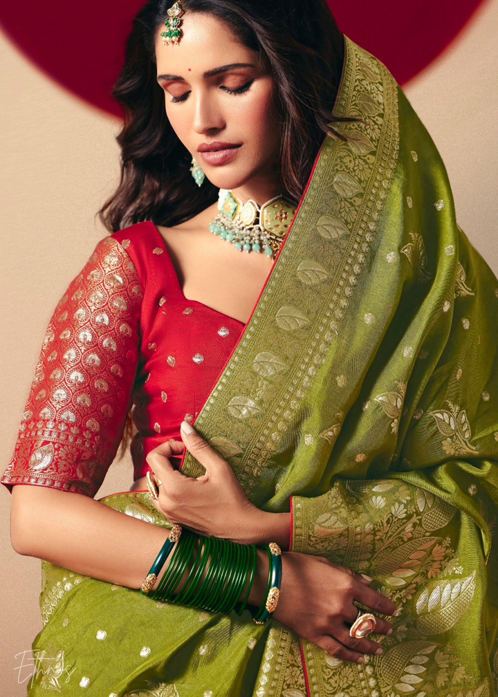 Olive Green Zari Dola Silk Saree