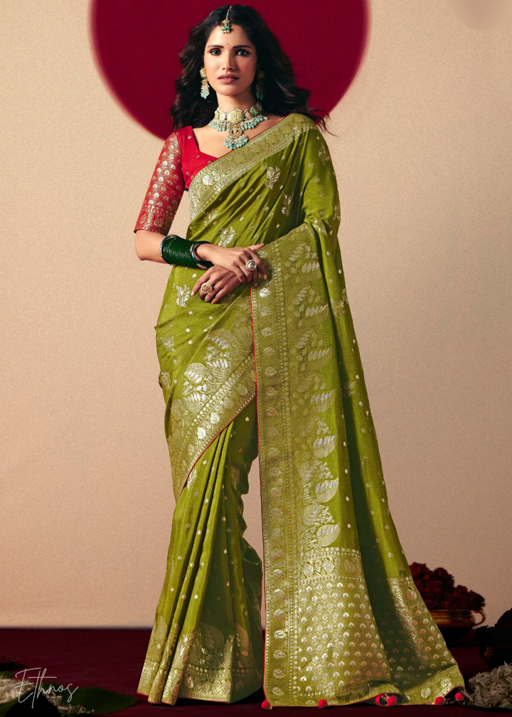 Olive Green Zari Dola Silk Saree