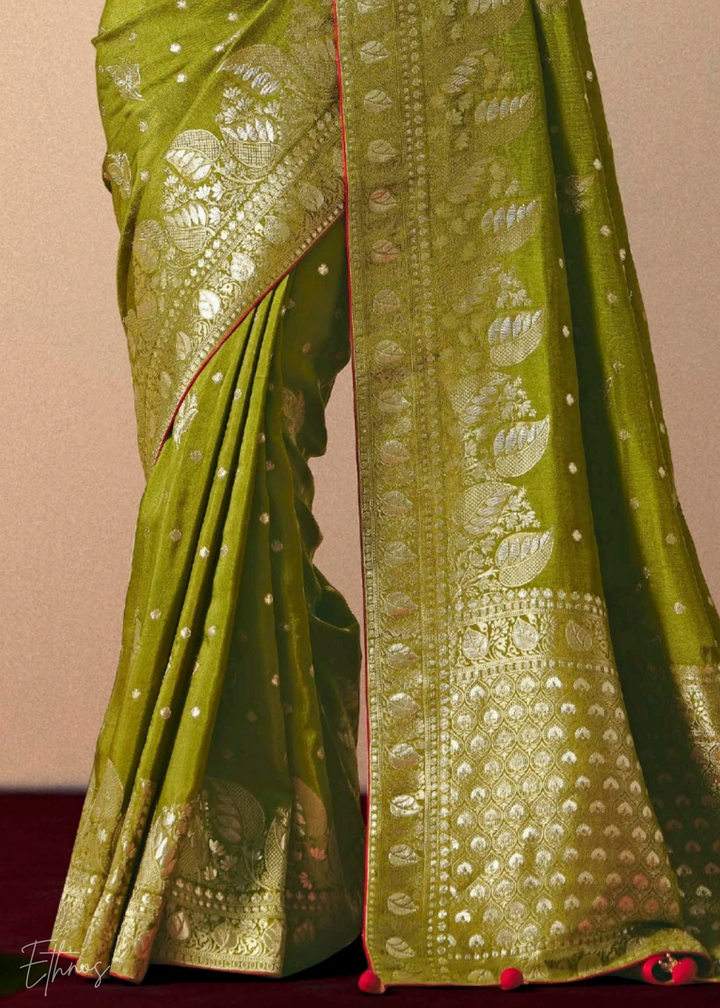 Olive Green Zari Dola Silk Saree