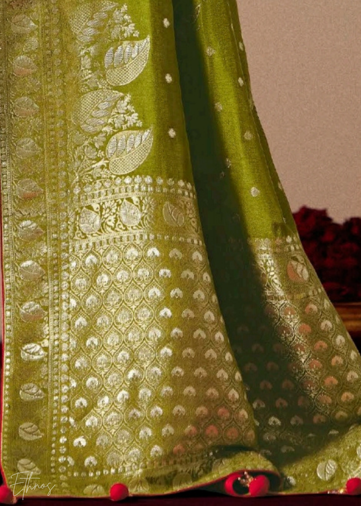 Olive Green Zari Dola Silk Saree