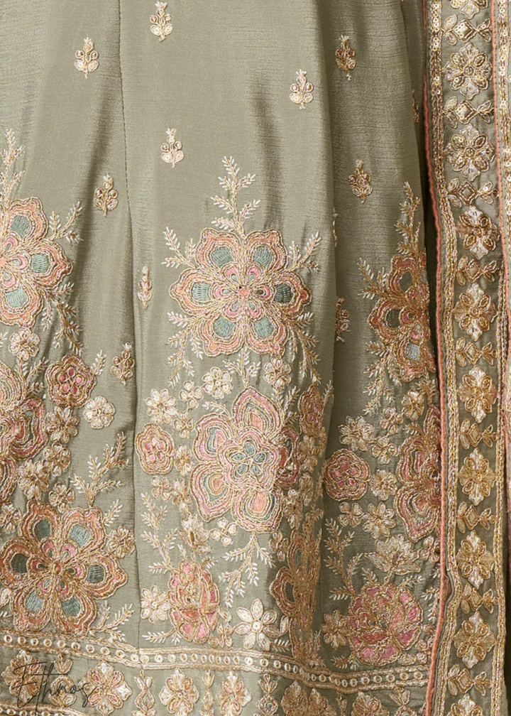 Olive Grey Chinon Palazzo Salwar Suit
