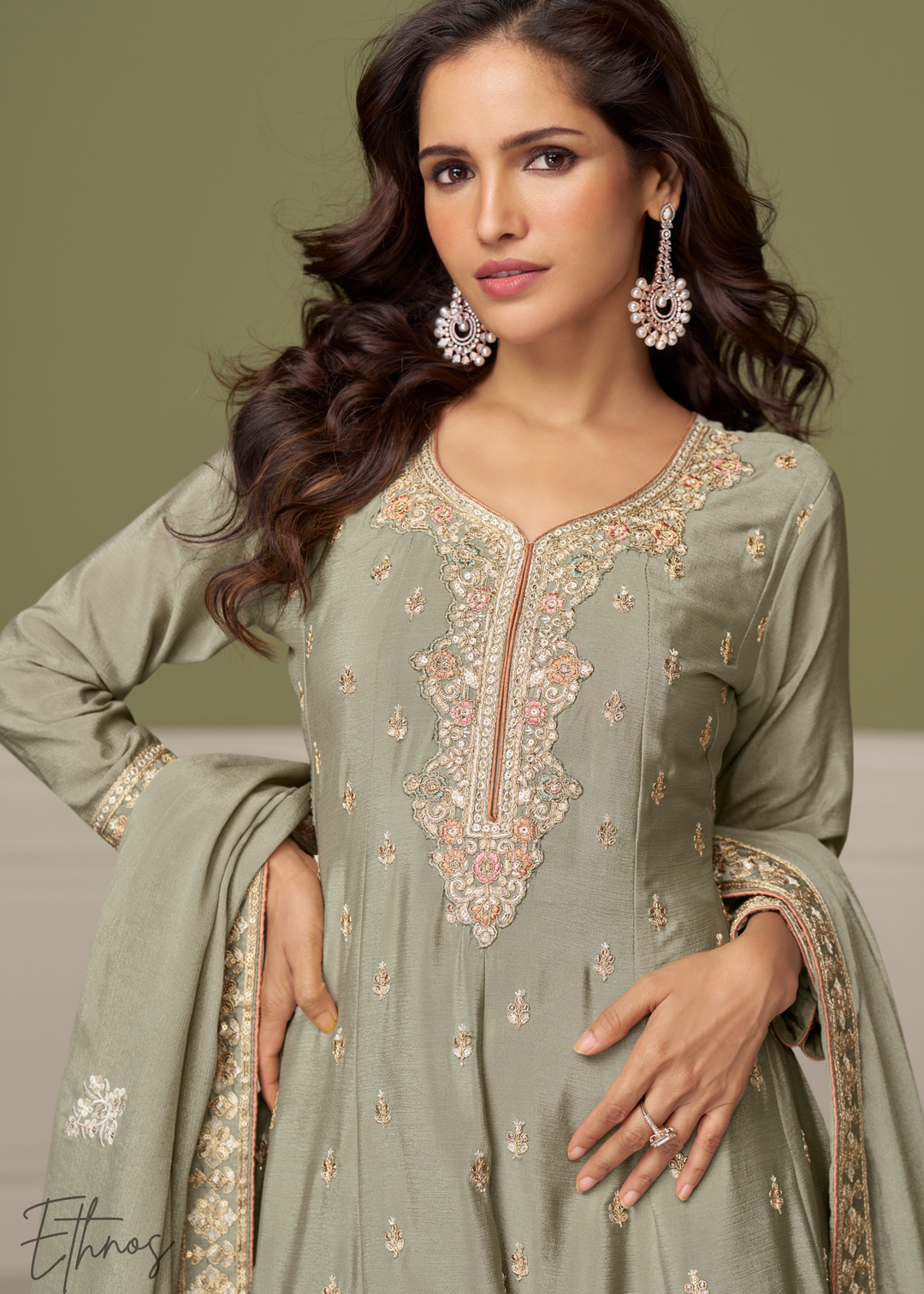 Olive Grey Chinon Palazzo Salwar Suit