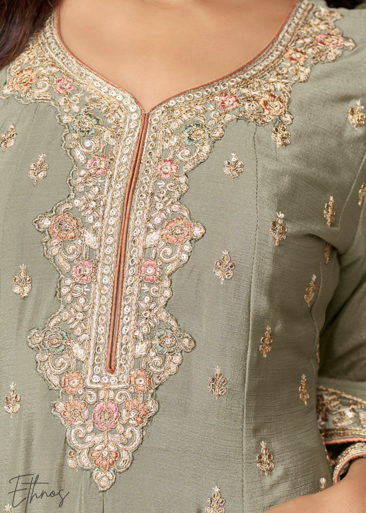 Olive Grey Chinon Palazzo Salwar Suit