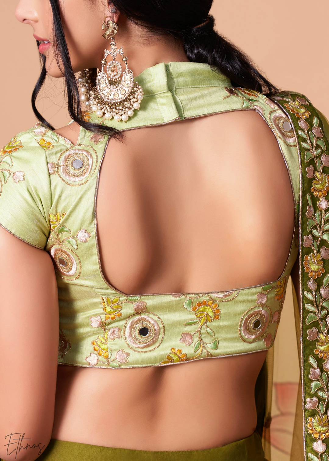 Olive Green Opulent Floral Mirror Net Lehenga