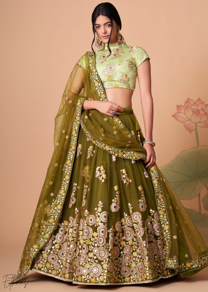 Olive Green Opulent Floral Mirror Net Lehenga