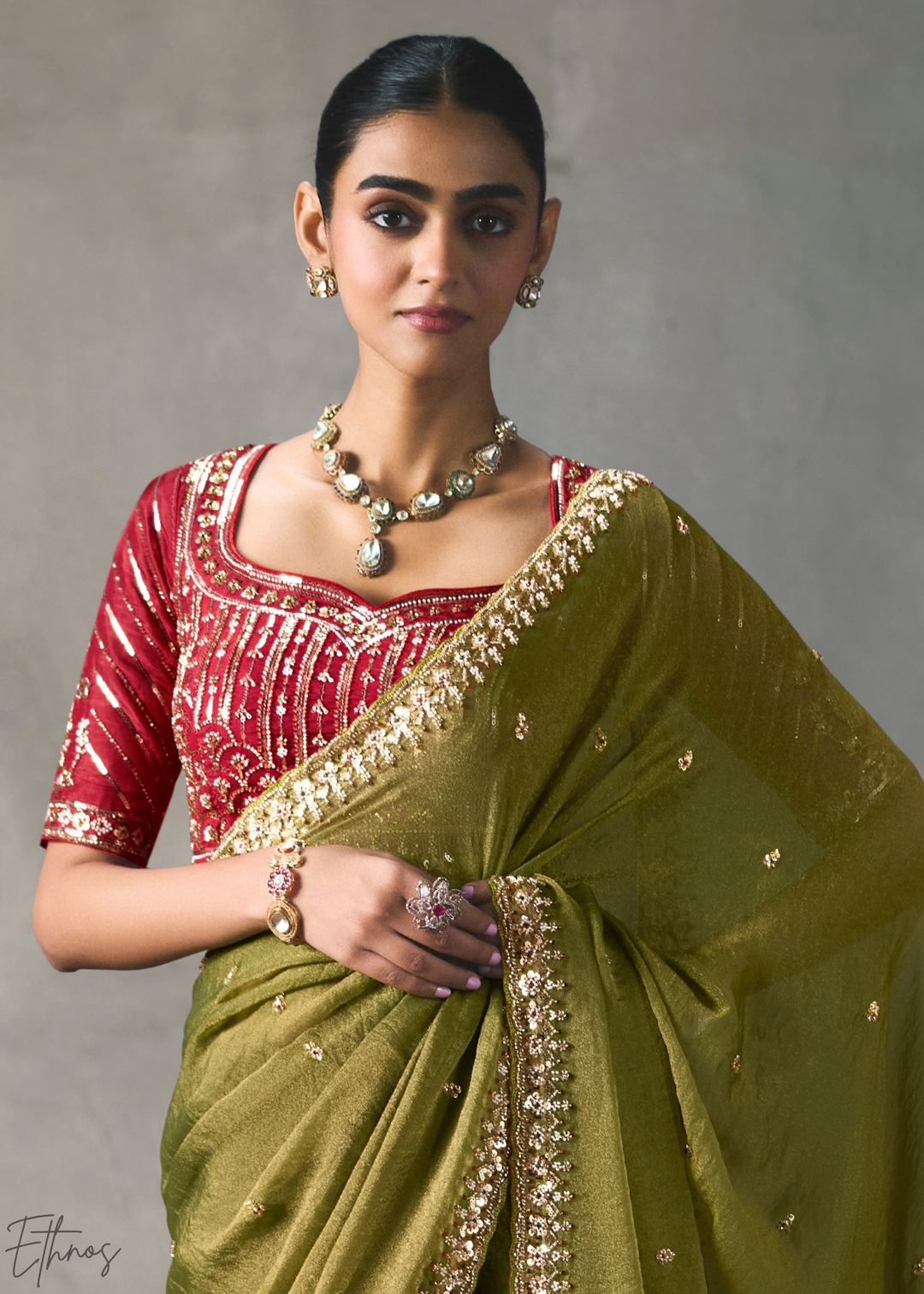 Olive Floral Scallop Beaded Border Silk Saree