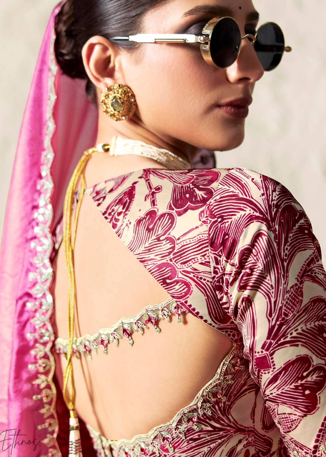 Ombre Fuchsia Embroidered Glass Tissue Designer Saree