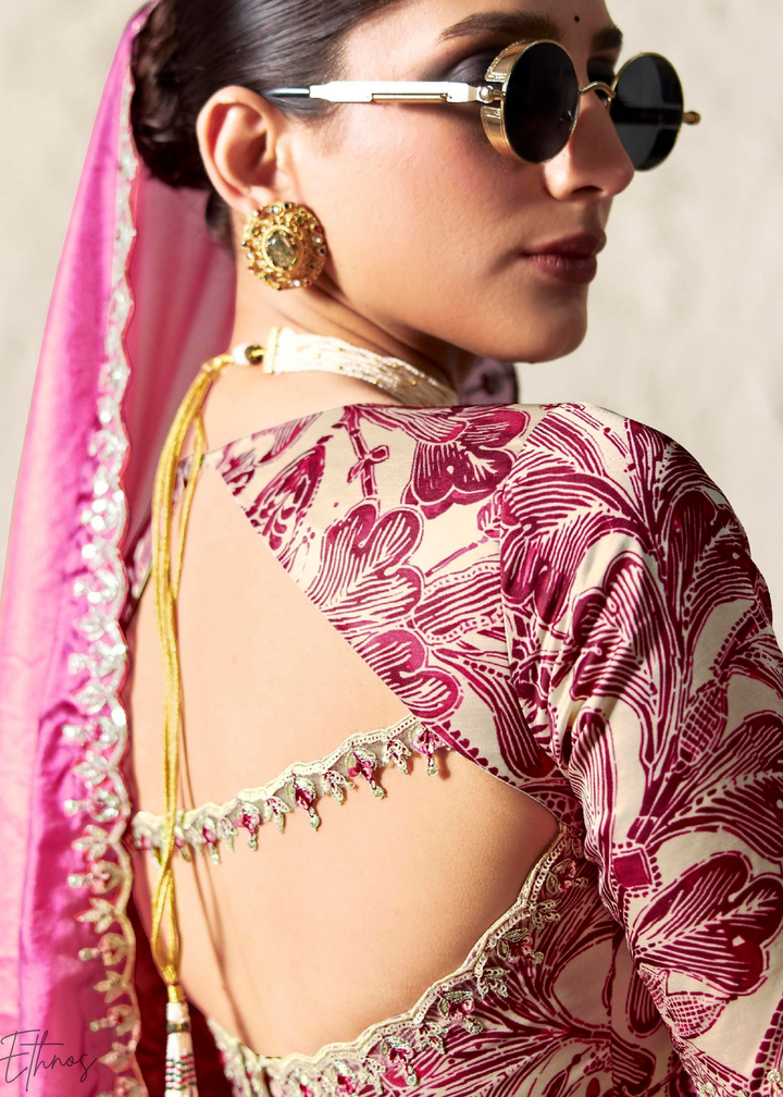 Ombre Fuchsia Embroidered Glass Tissue Designer Saree