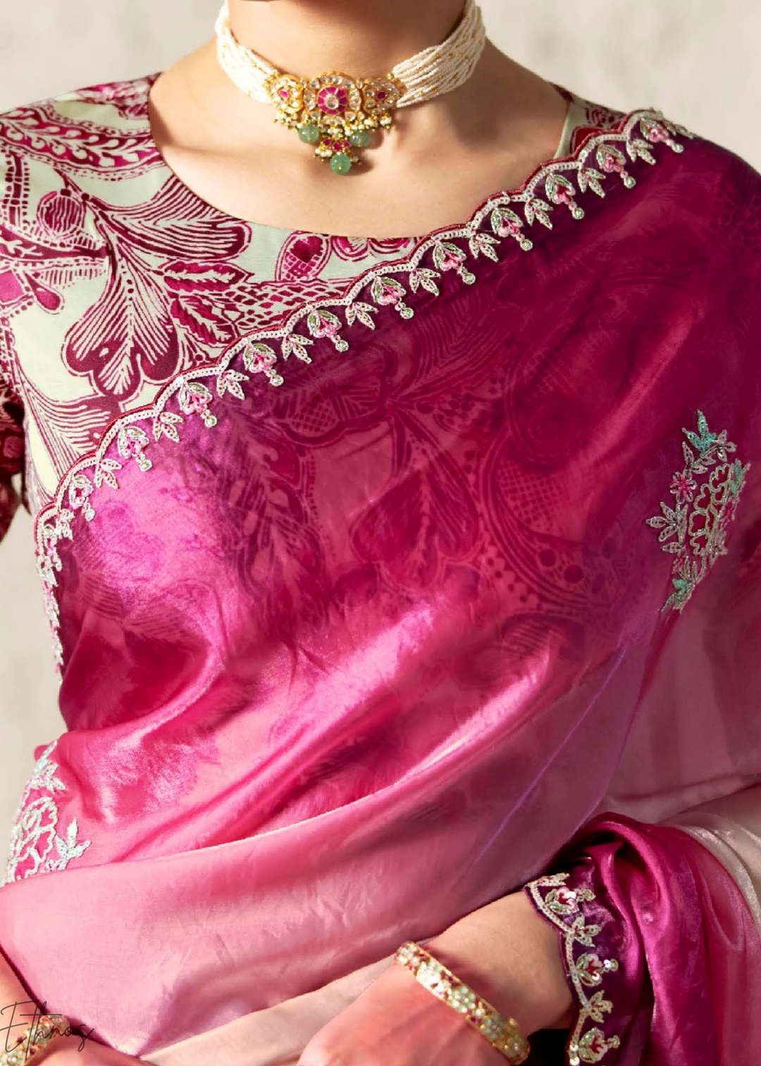 Ombre Fuchsia Embroidered Glass Tissue Designer Saree