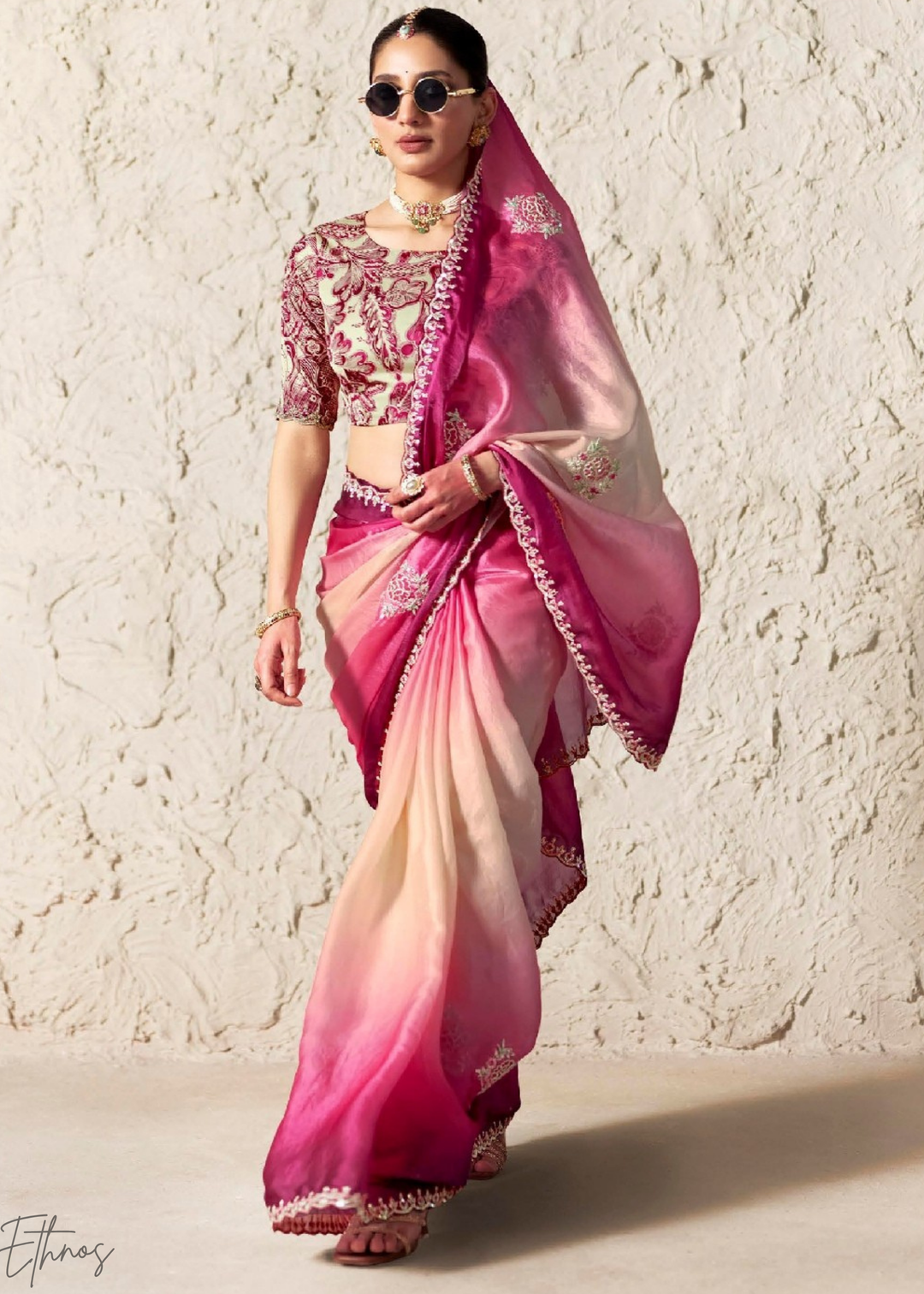 Ombre Fuchsia Embroidered Glass Tissue Designer Saree