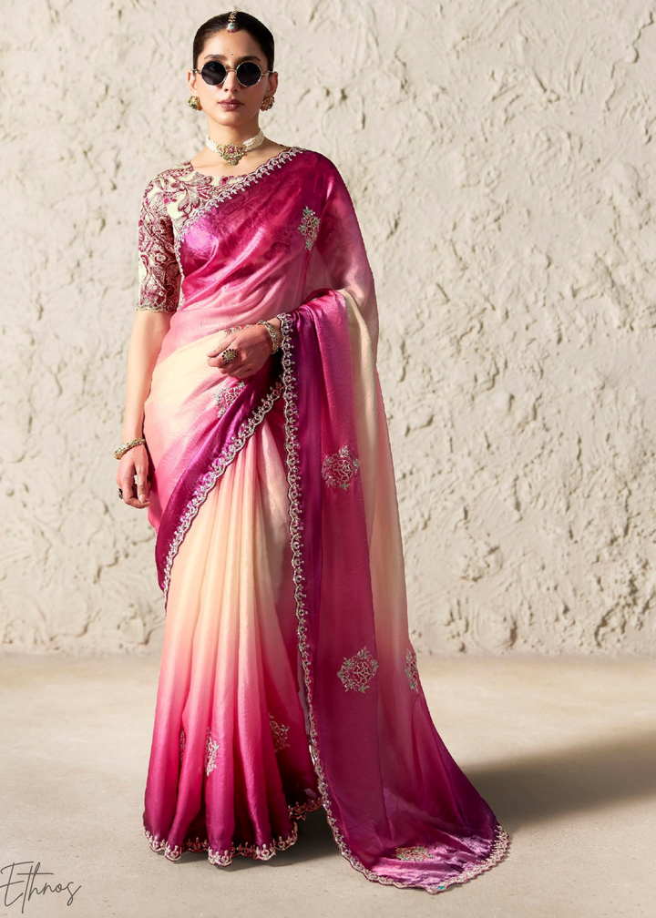 Ombre Fuchsia Embroidered Glass Tissue Designer Saree