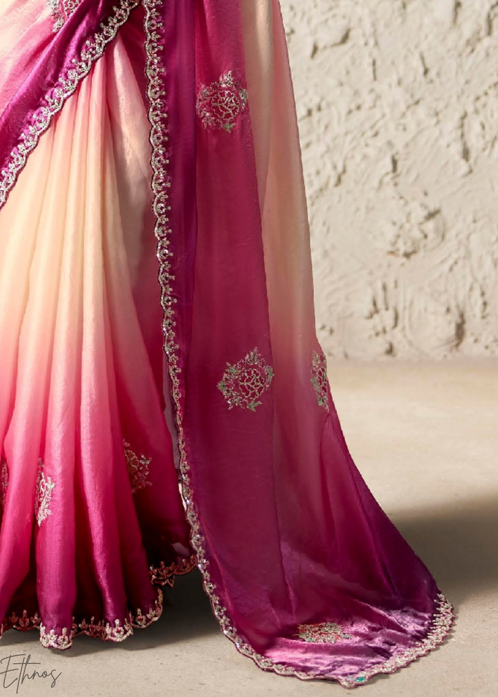 Ombre Fuchsia Embroidered Glass Tissue Designer Saree