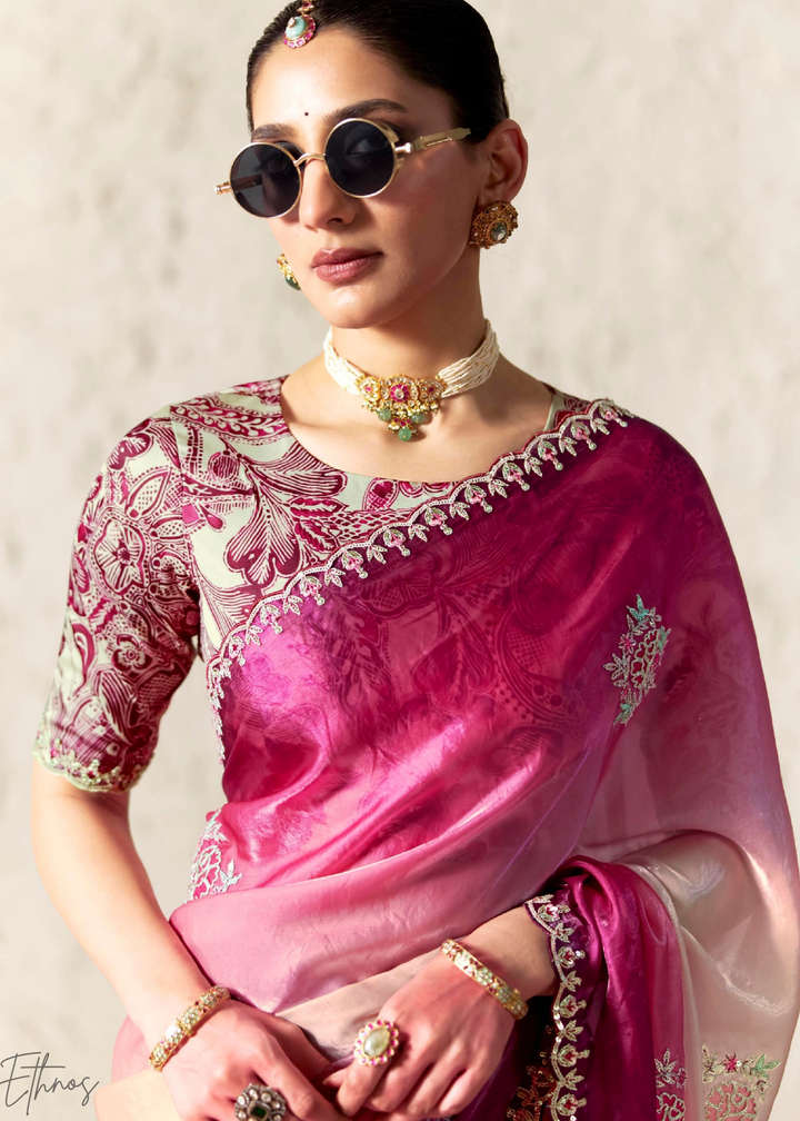 Ombre Fuchsia Embroidered Glass Tissue Designer Saree