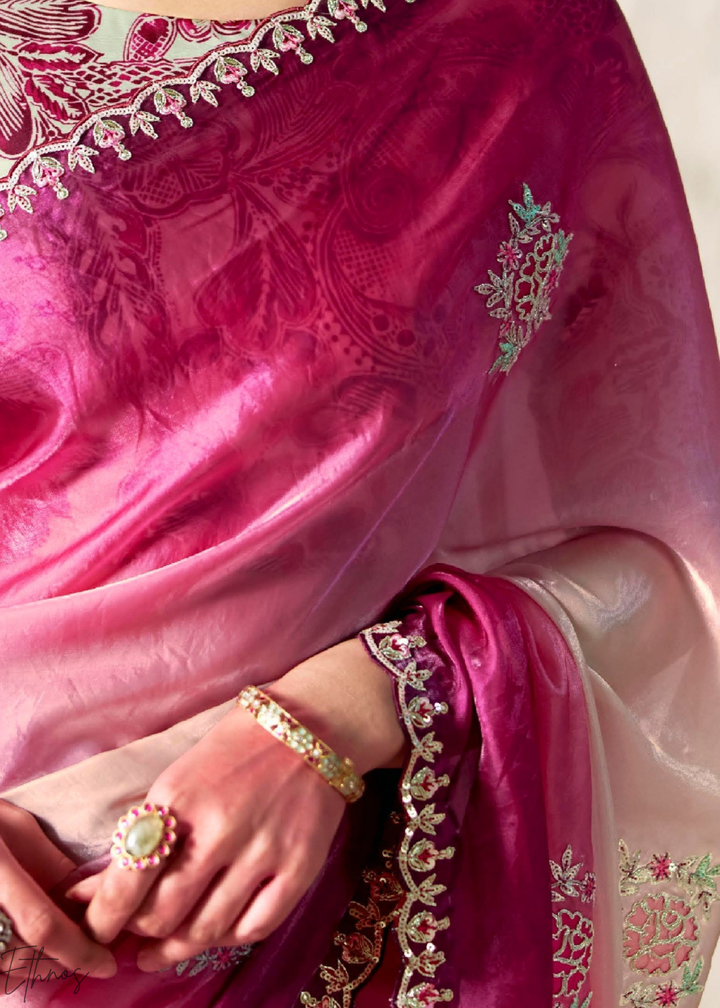 Ombre Fuchsia Embroidered Glass Tissue Designer Saree