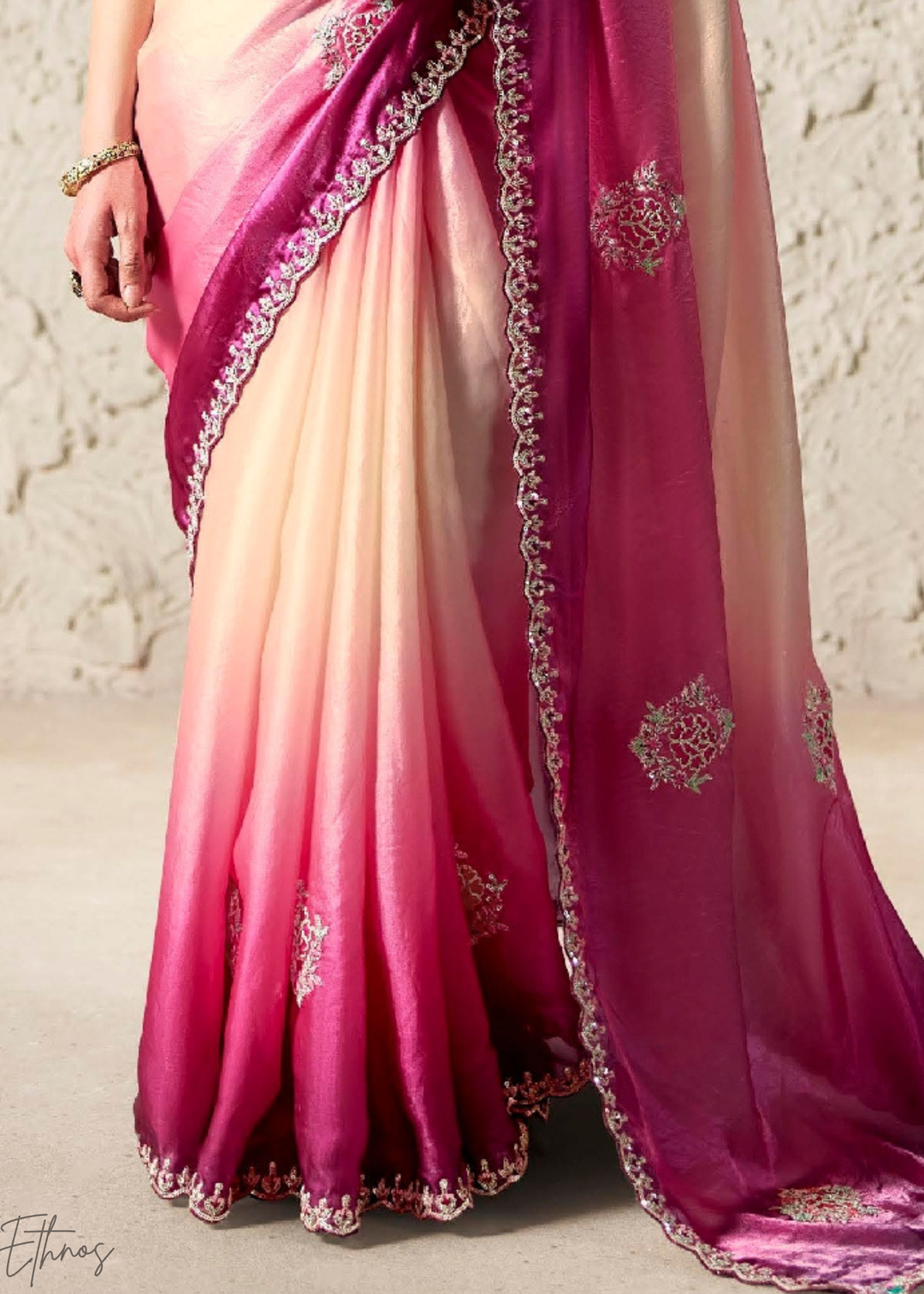 Ombre Fuchsia Embroidered Glass Tissue Designer Saree