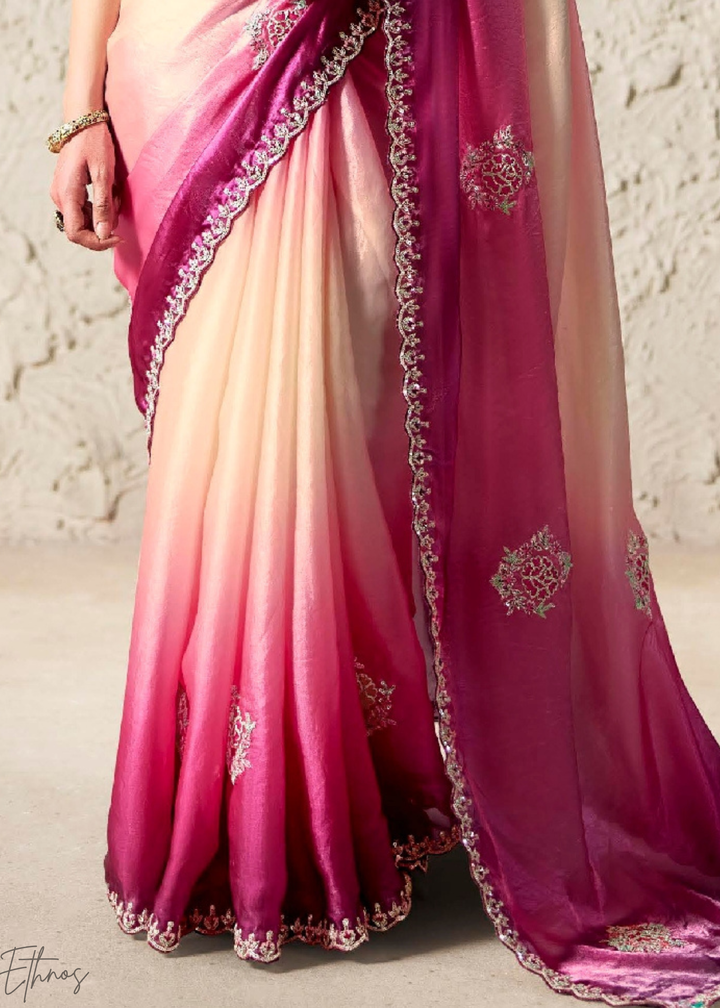 Ombre Fuchsia Embroidered Glass Tissue Designer Saree