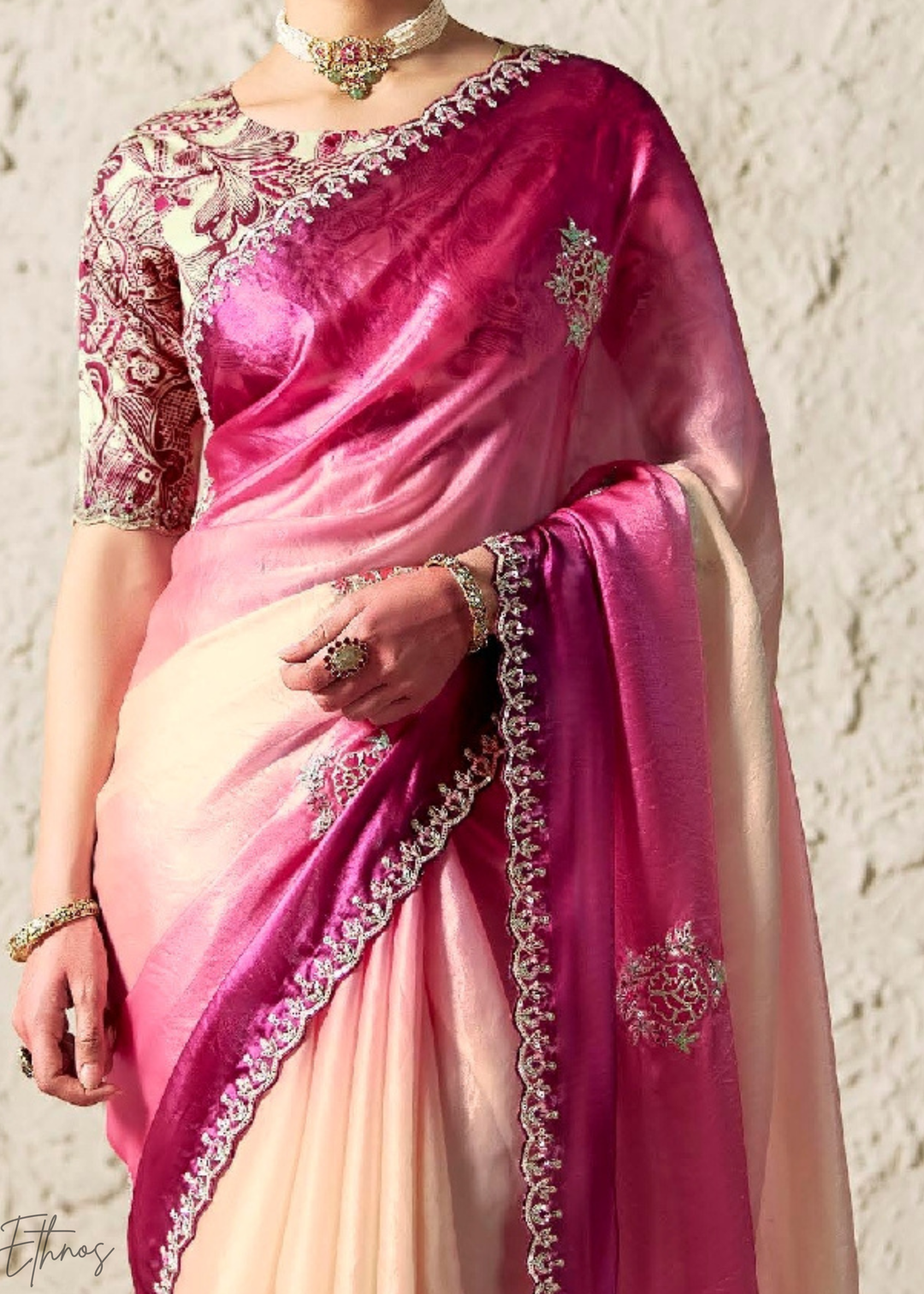 Ombre Fuchsia Embroidered Glass Tissue Designer Saree