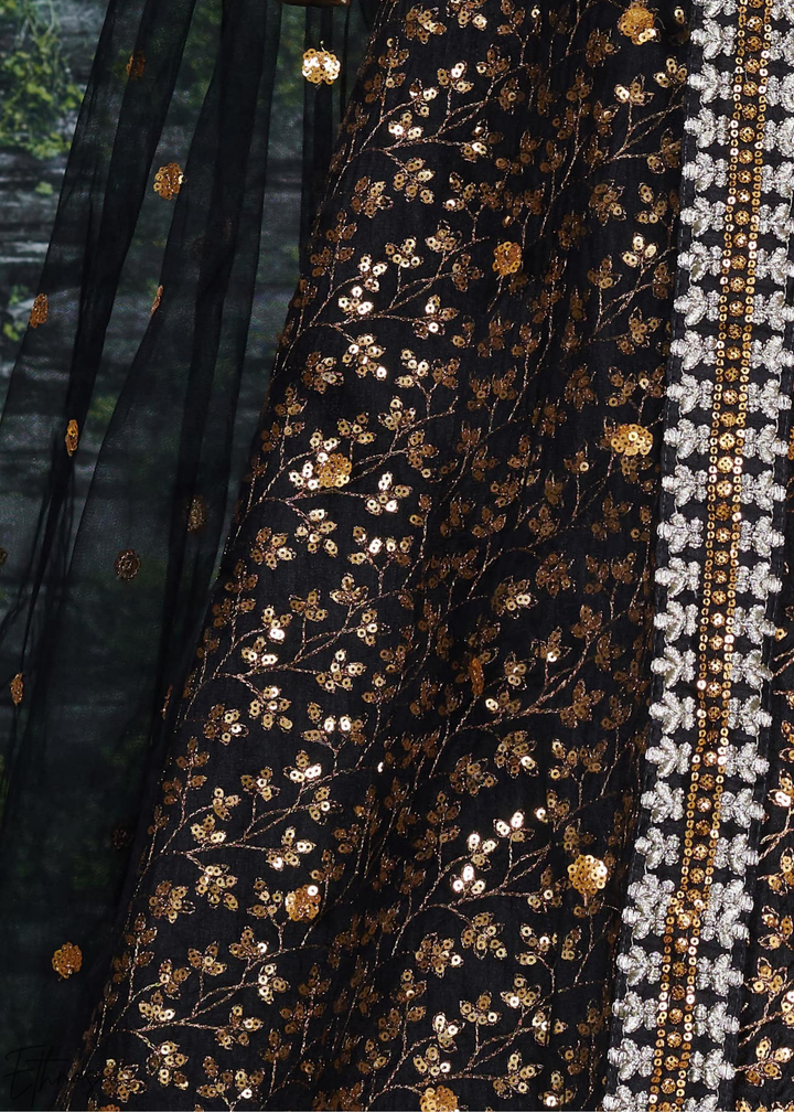 Onyx Black Intricate Brocade Raw Silk Lehenga Choli