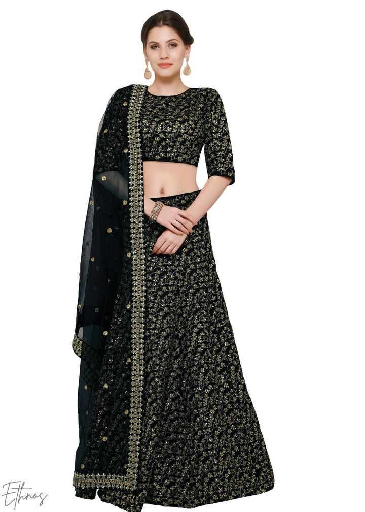 Onyx Black Intricate Brocade Raw Silk Lehenga Choli