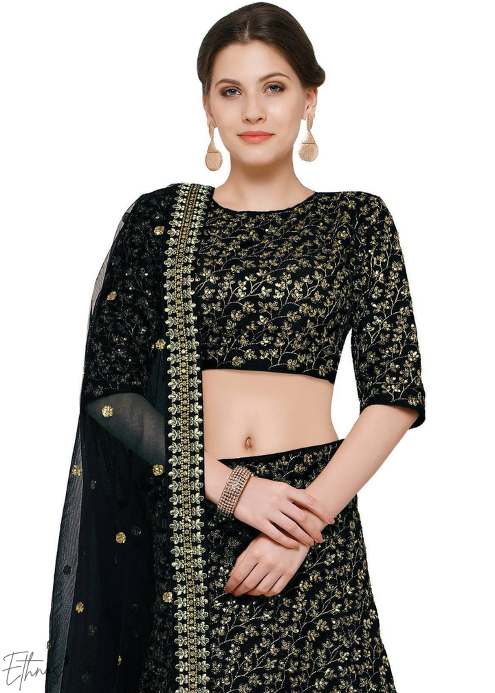 Onyx Black Intricate Brocade Raw Silk Lehenga Choli