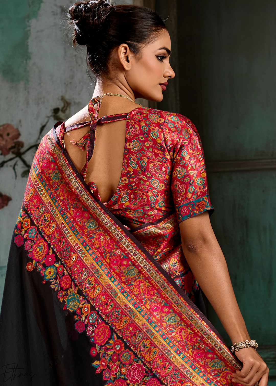Onyx Black Kashmiri Kani Print Modal Pashmina Silk Saree