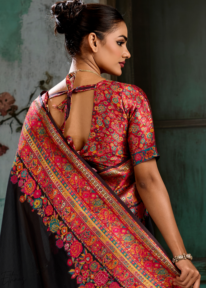 Onyx Black Kashmiri Kani Print Modal Pashmina Silk Saree