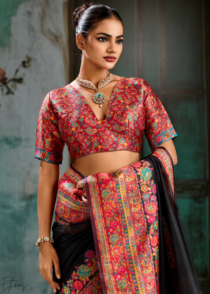 Onyx Black Kashmiri Kani Print Modal Pashmina Silk Saree