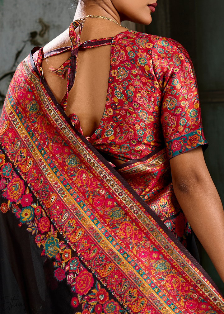 Onyx Black Kashmiri Kani Print Modal Pashmina Silk Saree