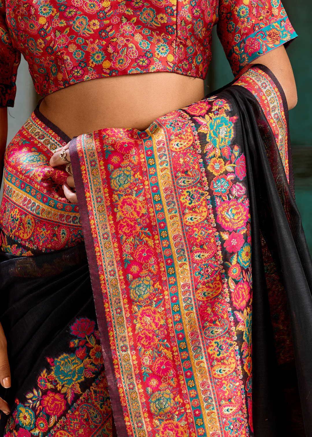 Onyx Black Kashmiri Kani Print Modal Pashmina Silk Saree