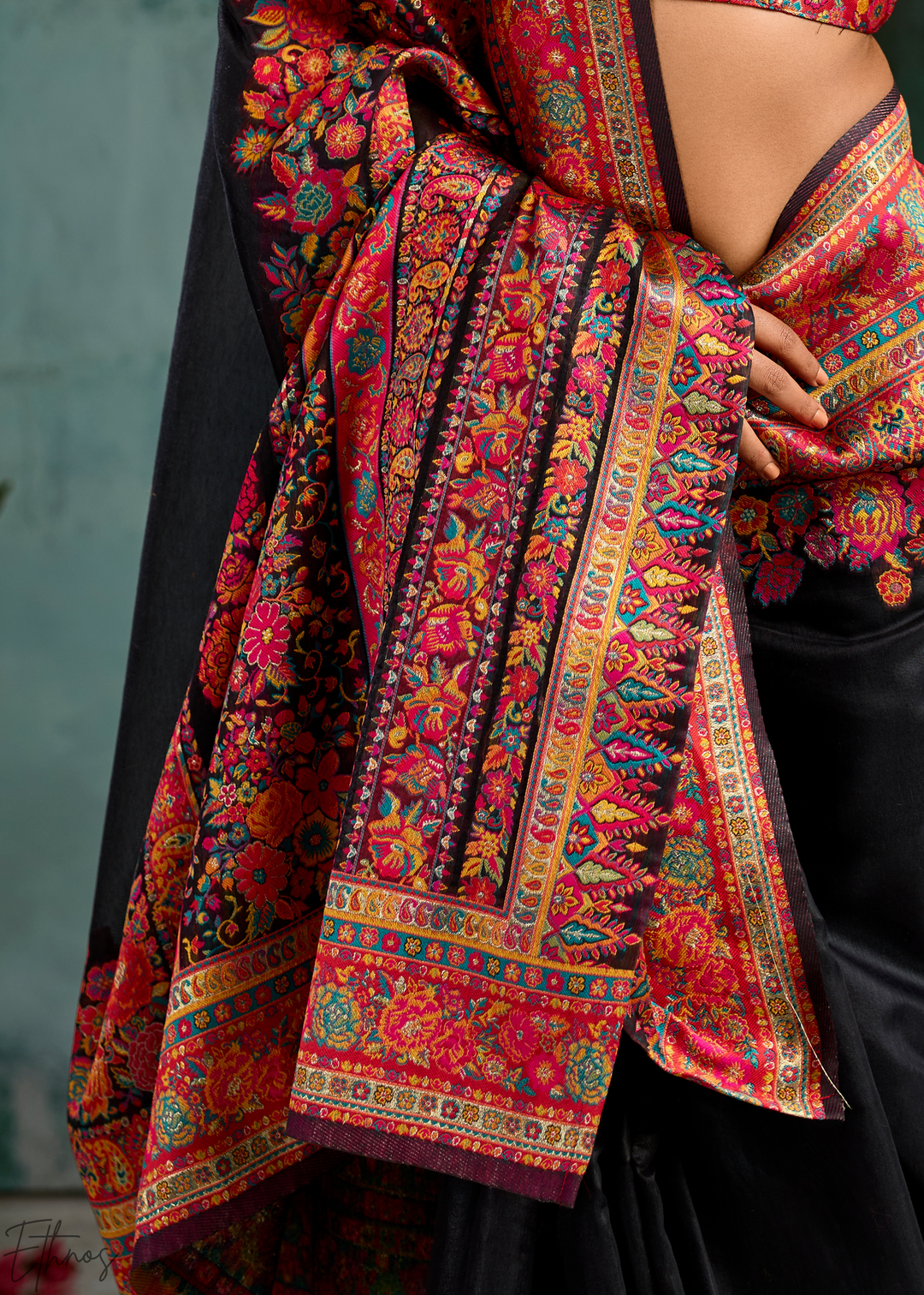 Onyx Black Kashmiri Kani Print Modal Pashmina Silk Saree