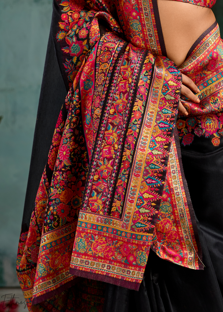 Onyx Black Kashmiri Kani Print Modal Pashmina Silk Saree